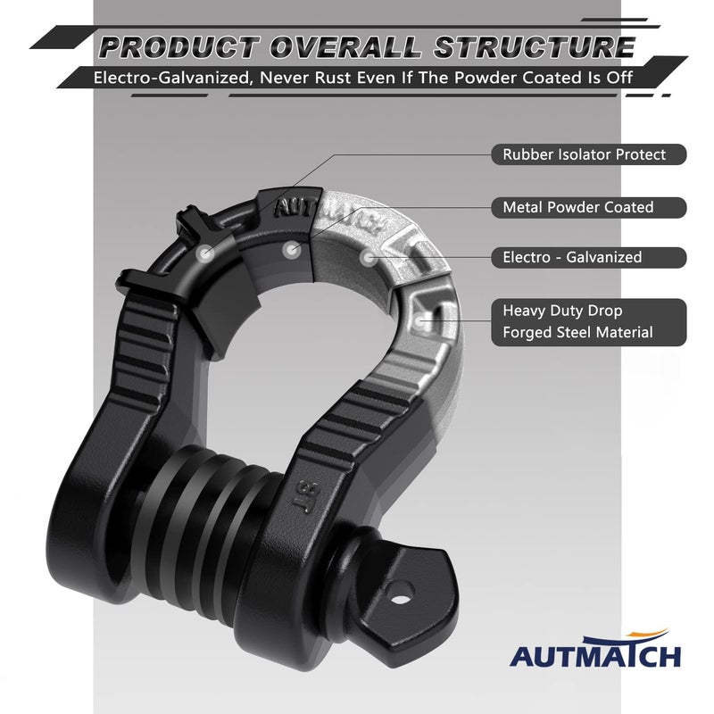 AUTMATCH D Ring الأغلال 3/4 بوصة ميجا تكبل (عبوتان) 68 000 رطل قوة كسر - تكبل Clevis 7/8 بوصة لولبية D تكبل عازل ومجموعة غسالة لحزام السحب ونش استعادة المركبات على الطرق الوعرة، أسود بلوري - Image 4